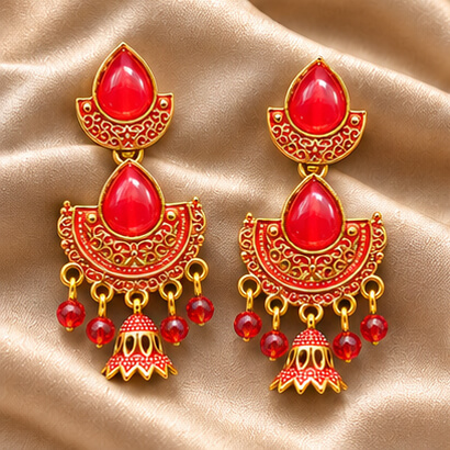 Royal Teardrop Jhumka Chandbali Earrings (Red) – Heartly Wishes