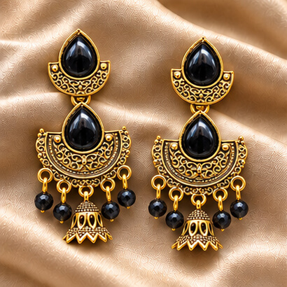 Royal Teardrop Jhumka Chandbali Earrings (Black) – Heartly Wishes