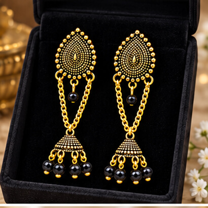 Paisley Chain Jhumka Earrings (Black) product image 3