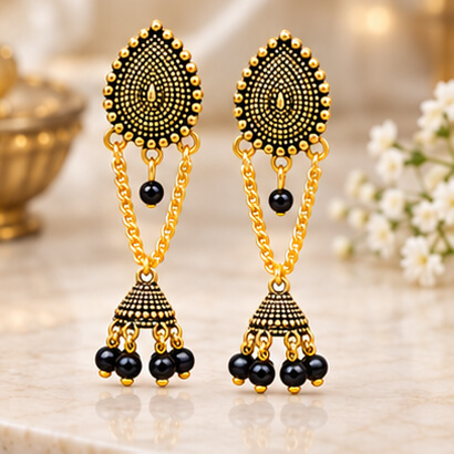 Paisley Chain Jhumka Earrings (Black) product image 7