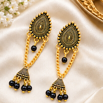 Paisley Chain Jhumka Earrings (Black) – Heartly Wishes
