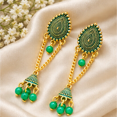 Paisley Chain Jhumka Earrings (Green) – Heartly Wishes