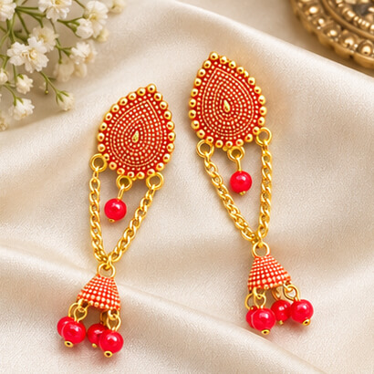Paisley Chain Jhumka Earrings (Red) – Heartly Wishes