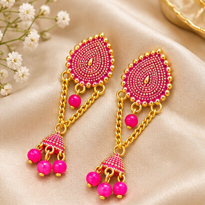 Paisley Chain Jhumka Earrings (Pink) – Heartly Wishes