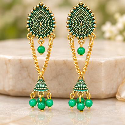Paisley Chain Jhumka Earrings (Green) product image 2