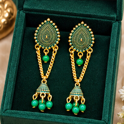 Paisley Chain Jhumka Earrings (Green) product image 5