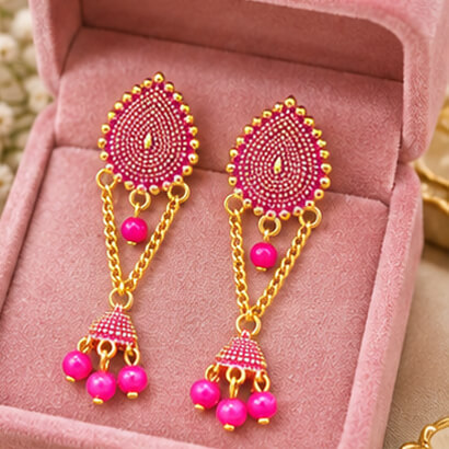 Paisley Chain Jhumka Earrings (Pink) product image 2