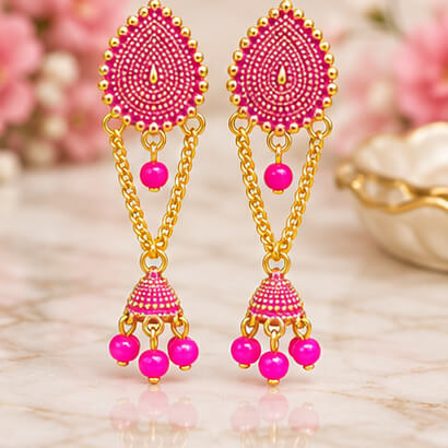 Paisley Chain Jhumka Earrings (Pink) product image 7