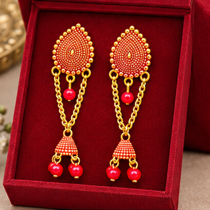 Paisley Chain Jhumka Earrings (Red) product image 5