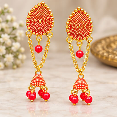 Paisley Chain Jhumka Earrings (Red) product image 2