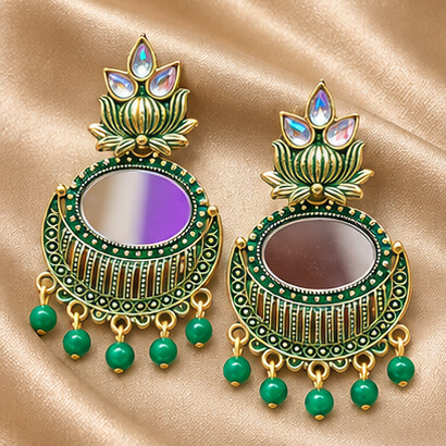 Lotus Mirror Chandbali Earrings with Beaded Drops (Green) – Heartly Wishes