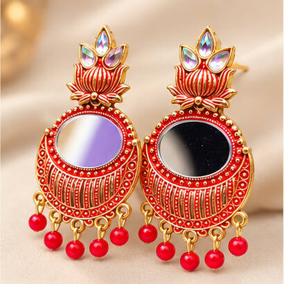Lotus Mirror Chandbali Earrings with Beaded Drops (Red) – Heartly Wishes