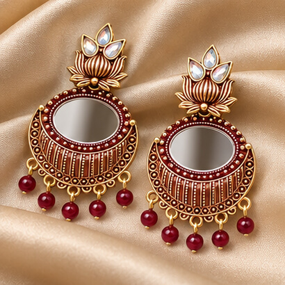 Lotus Mirror Chandbali Earrings with Beaded Drops (Brown) – Heartly Wishes