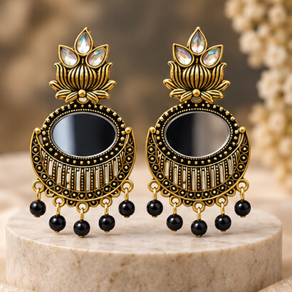 Lotus Mirror Chandbali Earrings with Beaded Drops (Black) product image 5