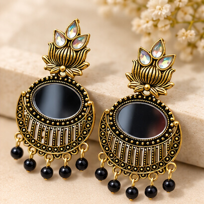 Lotus Mirror Chandbali Earrings with Beaded Drops (Black) product image 6
