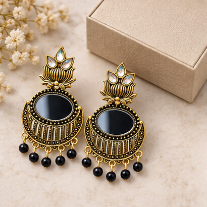 Lotus Mirror Chandbali Earrings with Beaded Drops (Black) product image 3