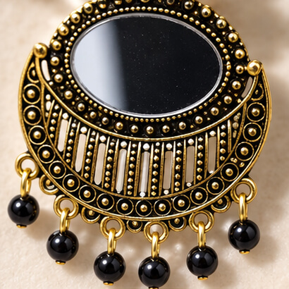 Lotus Mirror Chandbali Earrings with Beaded Drops (Black) product image 4