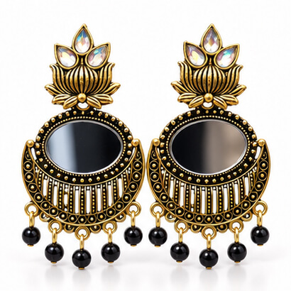 Lotus Mirror Chandbali Earrings with Beaded Drops (Black) product image 2