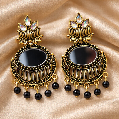 Lotus Mirror Chandbali Earrings with Beaded Drops (Black) – Heartly Wishes