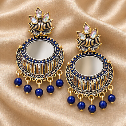 Lotus Mirror Chandbali Earrings with Beaded Drops (Blue) – Heartly Wishes