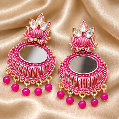 Lotus Mirror Chandbali Earrings with Beaded Drops (Pink) – Heartly Wishes