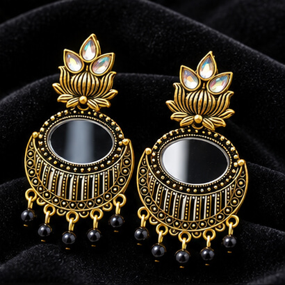 Lotus Mirror Chandbali Earrings with Beaded Drops (Black) product image 8