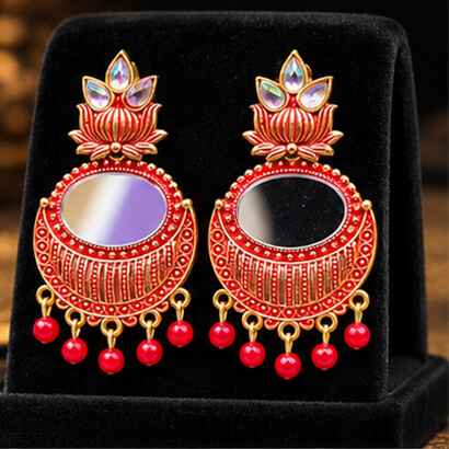 Lotus Mirror Chandbali Earrings with Beaded Drops (Red) product image 3