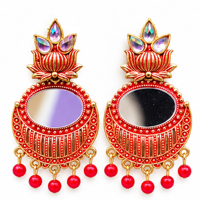 Lotus Mirror Chandbali Earrings with Beaded Drops (Red) product image 4