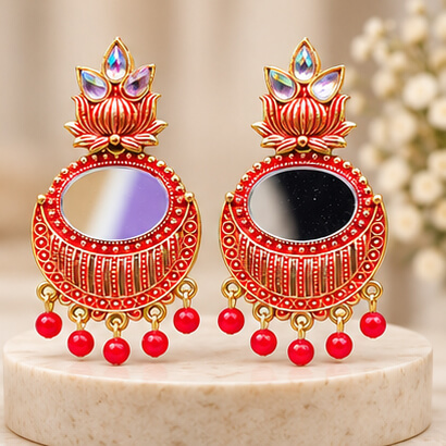 Lotus Mirror Chandbali Earrings with Beaded Drops (Red) product image 6