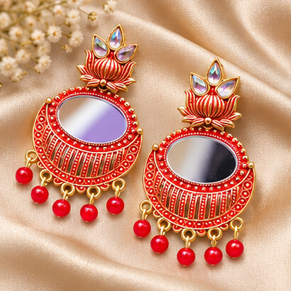 Lotus Mirror Chandbali Earrings with Beaded Drops (Red) product image 8