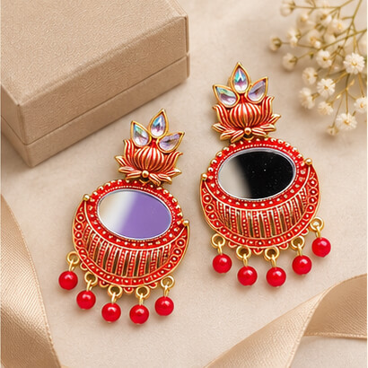 Lotus Mirror Chandbali Earrings with Beaded Drops (Red) product image 5