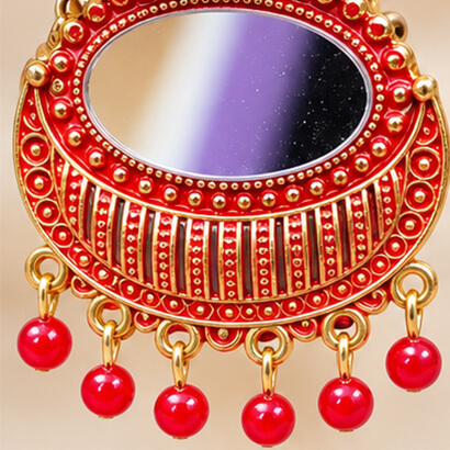 Lotus Mirror Chandbali Earrings with Beaded Drops (Red) product image 2