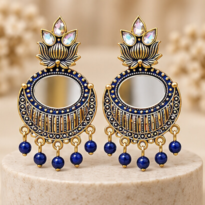 Lotus Mirror Chandbali Earrings with Beaded Drops (Blue) product image 5