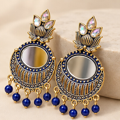 Lotus Mirror Chandbali Earrings with Beaded Drops (Blue) product image 7