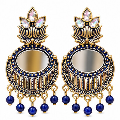 Lotus Mirror Chandbali Earrings with Beaded Drops (Blue) product image 3