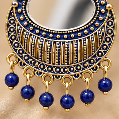 Lotus Mirror Chandbali Earrings with Beaded Drops (Blue) product image 6