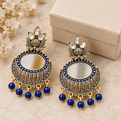 Lotus Mirror Chandbali Earrings with Beaded Drops (Blue) product image 4