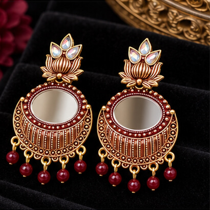 Lotus Mirror Chandbali Earrings with Beaded Drops (Brown) product image 4