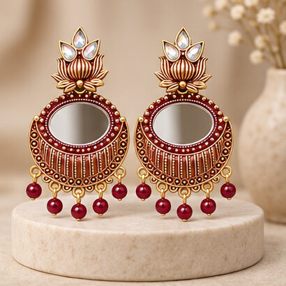Lotus Mirror Chandbali Earrings with Beaded Drops (Brown) product image 7