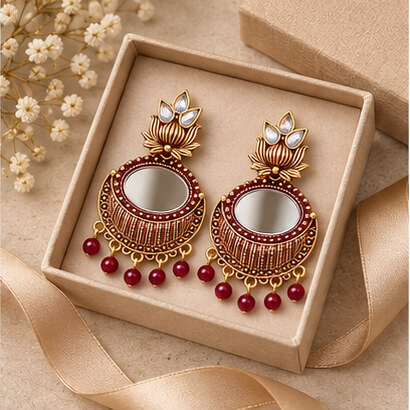 Lotus Mirror Chandbali Earrings with Beaded Drops (Brown) product image 6