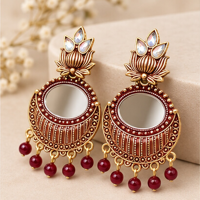 Lotus Mirror Chandbali Earrings with Beaded Drops (Brown) product image 5