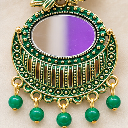 Lotus Mirror Chandbali Earrings with Beaded Drops (Green) product image 3