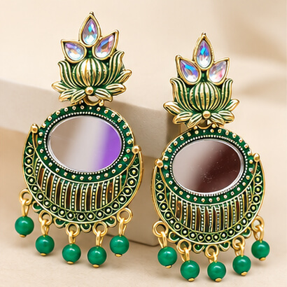 Lotus Mirror Chandbali Earrings with Beaded Drops (Green) product image 4