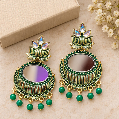 Lotus Mirror Chandbali Earrings with Beaded Drops (Green) product image 7