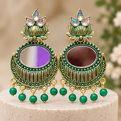Lotus Mirror Chandbali Earrings with Beaded Drops (Green) product image 5