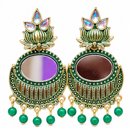 Lotus Mirror Chandbali Earrings with Beaded Drops (Green) product image 2