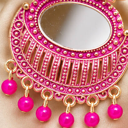 Lotus Mirror Chandbali Earrings with Beaded Drops (Pink) product image 4