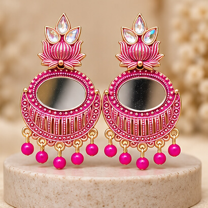 Lotus Mirror Chandbali Earrings with Beaded Drops (Pink) product image 7