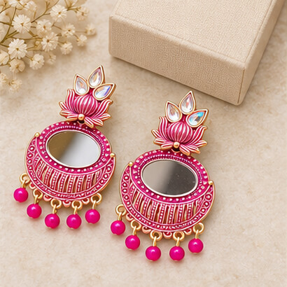 Lotus Mirror Chandbali Earrings with Beaded Drops (Pink) product image 6
