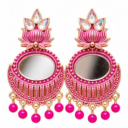 Lotus Mirror Chandbali Earrings with Beaded Drops (Pink) product image 5